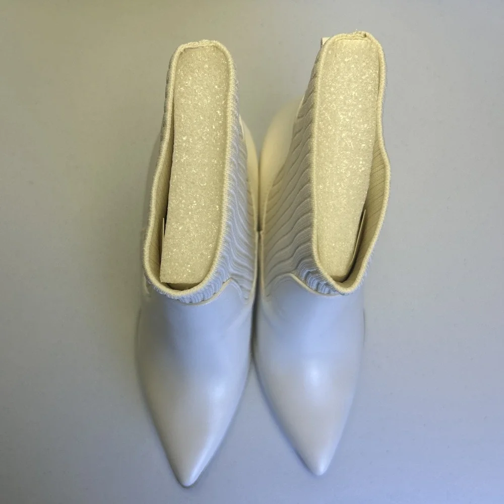 Coutgo Womens Sock Ankle Boots Size 9.5 White Pointed Toe Chunky Block Heel‎ NIB